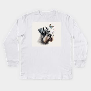 Miniature Schnauzer with butterfly Watercolour Painting Kids Long Sleeve T-Shirt